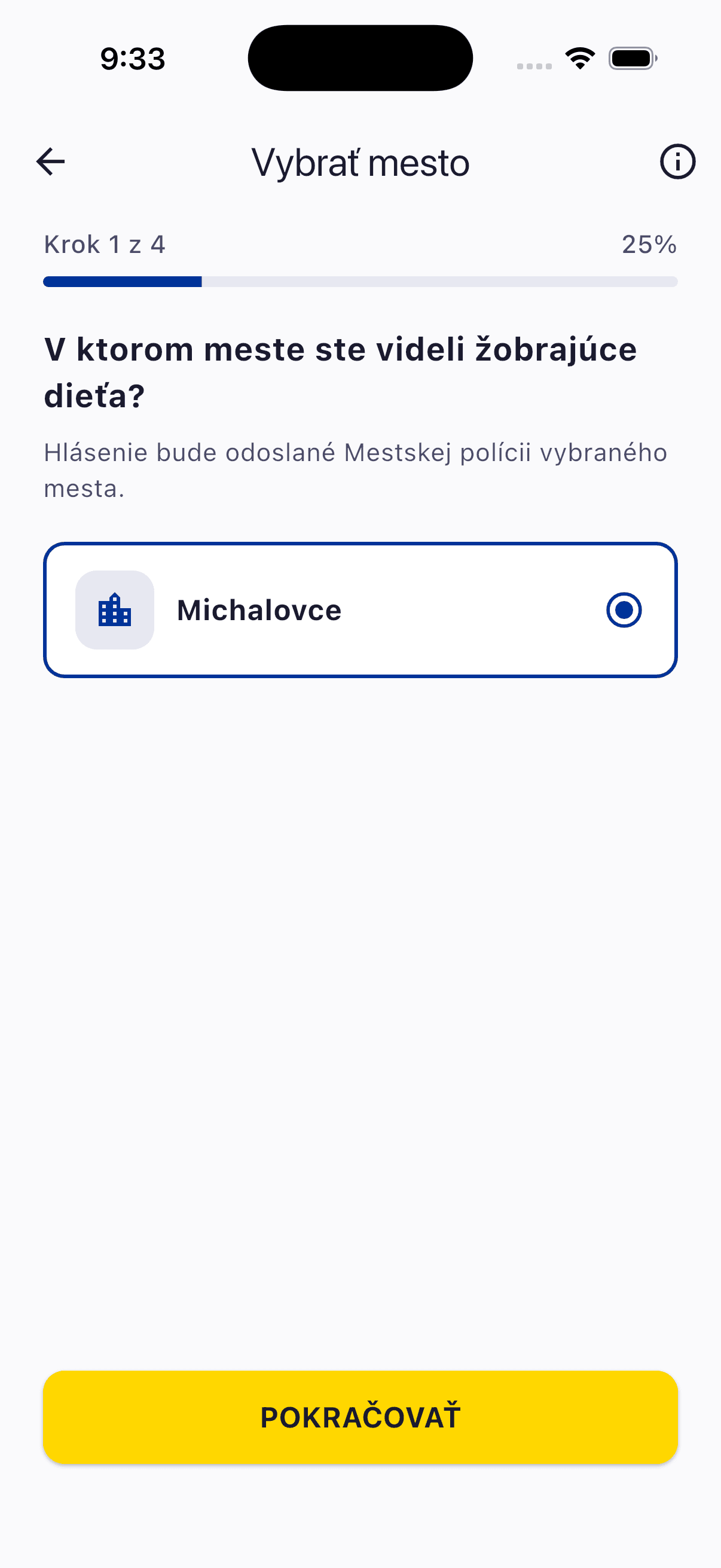 Vybrať mesto — obrazovka aplikácie Nezobri.me
