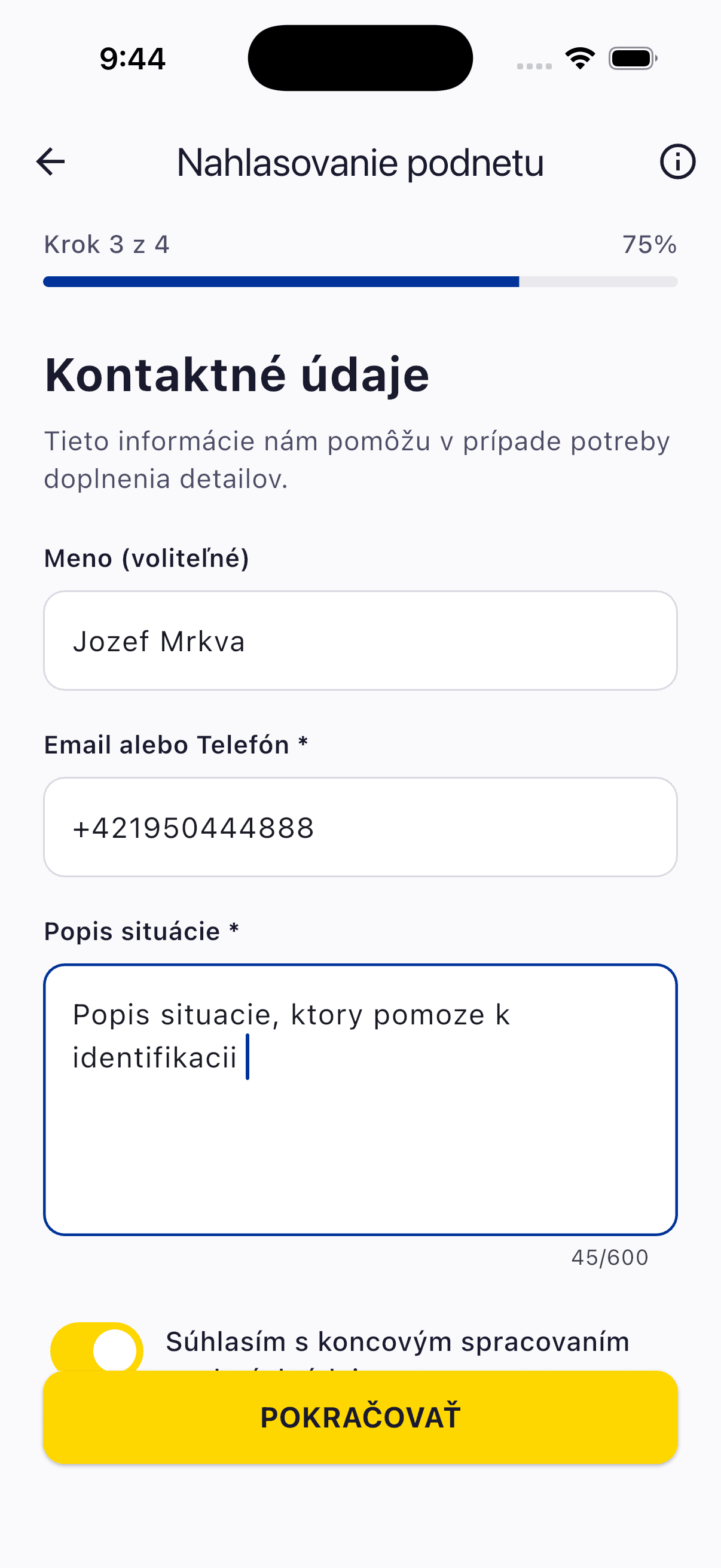 Kontaktné údaje — obrazovka aplikácie Nezobri.me