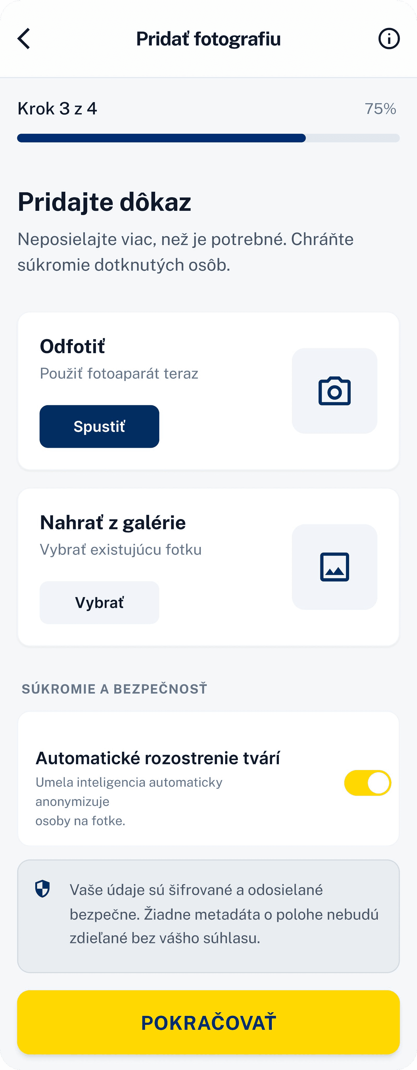 Pridať fotku — obrazovka aplikácie Nezobri.me
