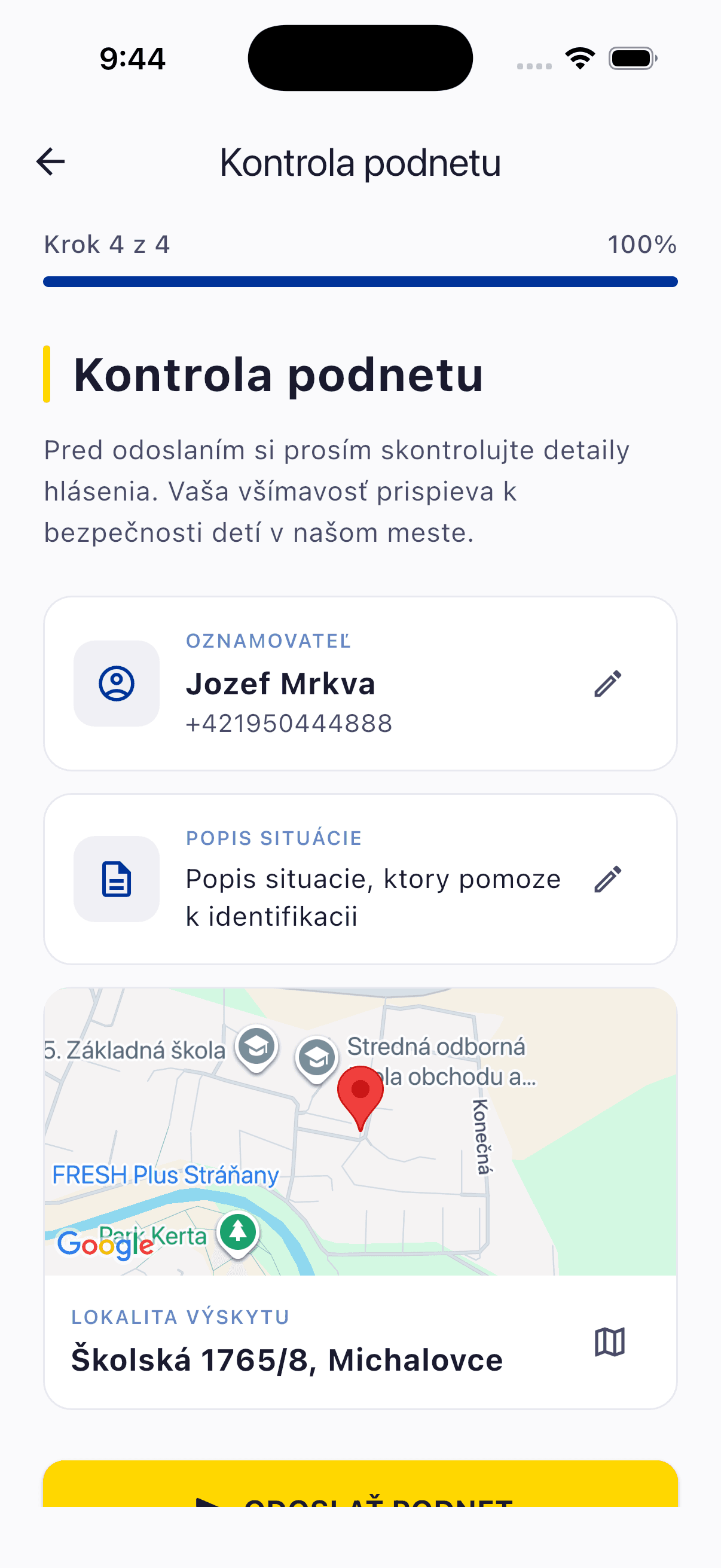Kontrola podnetu — obrazovka aplikácie Nezobri.me