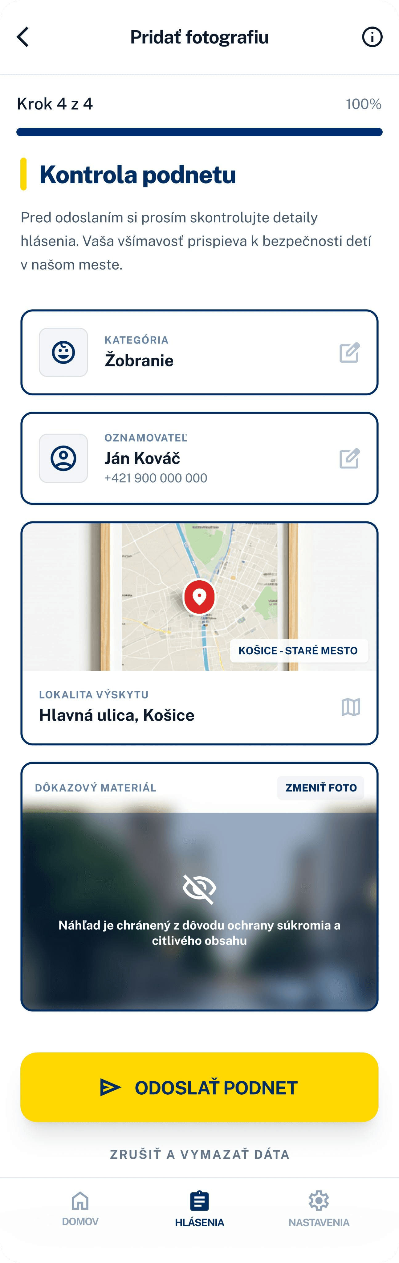 Kontrola podnetu — obrazovka aplikácie Nezobri.me