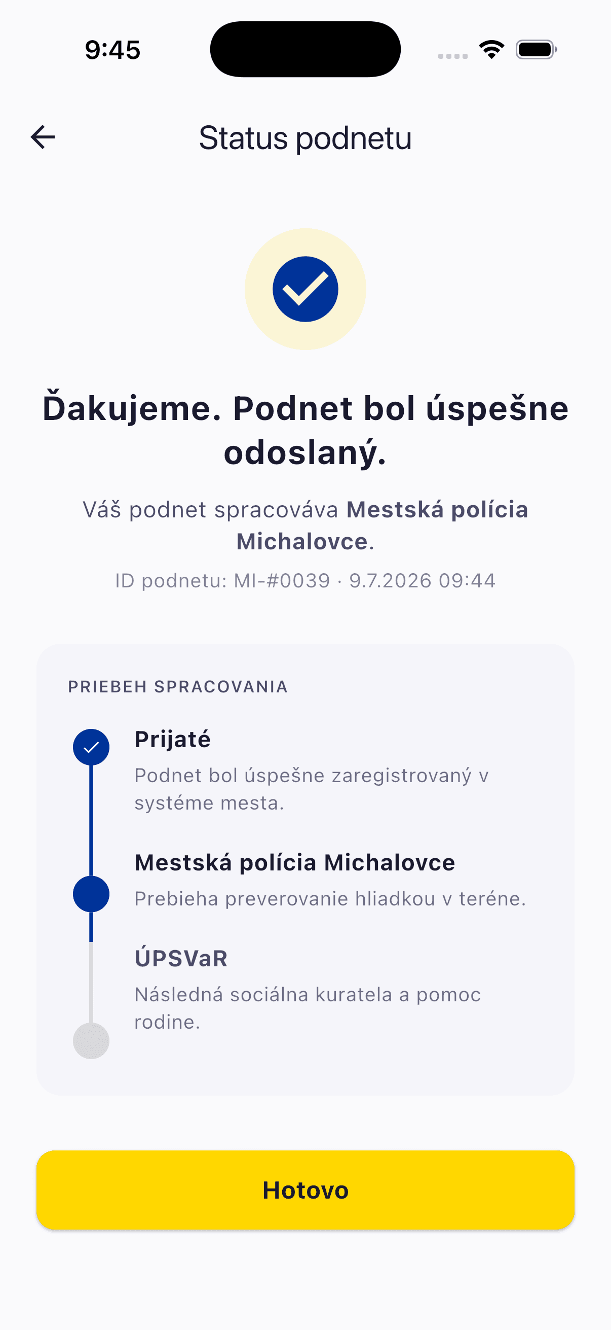 Status podnetu — obrazovka aplikácie Nezobri.me