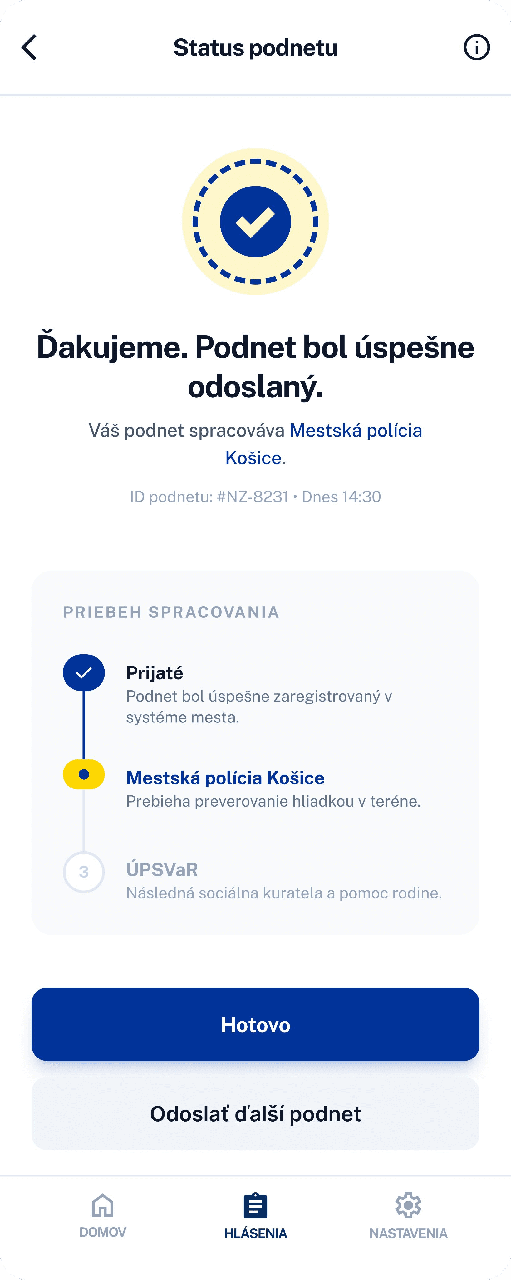 Status podnetu — obrazovka aplikácie Nezobri.me