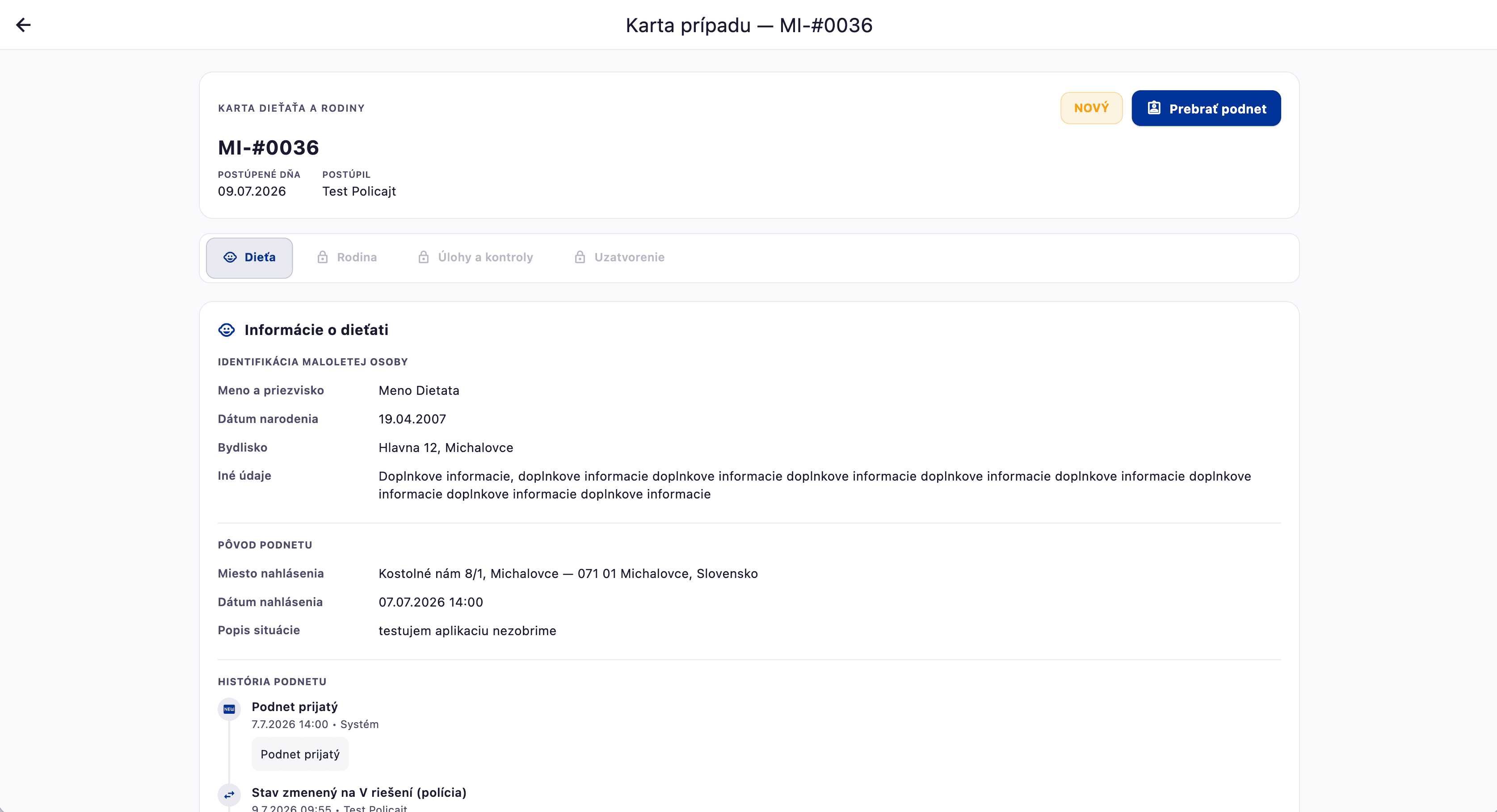Spisová karta — Holistická práca s rodinou